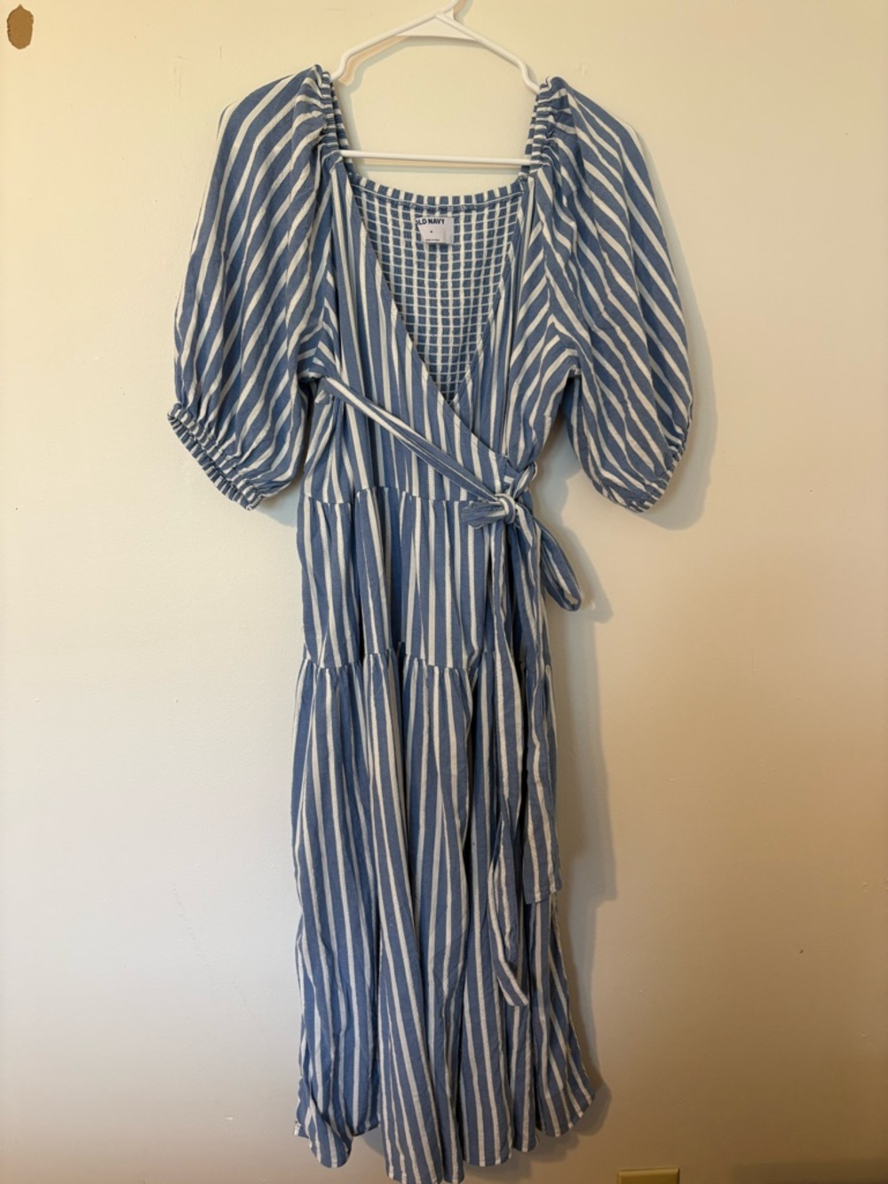 Old Navy Blue and White Striped Wrap Maxi Dress with cinched waist and back.